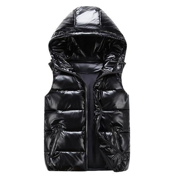 VNKIDY Women's Outerwear Vests Winter Shiny Puffer Vest With Hood Solid Color Quilted Sleeveless Jacket Zip Up Lightweight Padded Gilet For Casual Outdoor Wear Leisure Outerwear