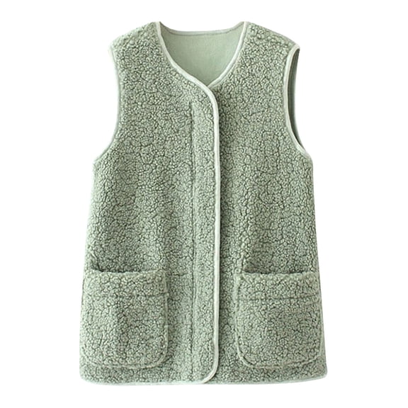 VNKIDY Women's Outerwear Vests Winter Thermal Solid Color Lambswool Vest Versatile V Neck Sleeveless Loose Fit Button Down Gilet Jacket For Cold Weather Casual Outerwear
