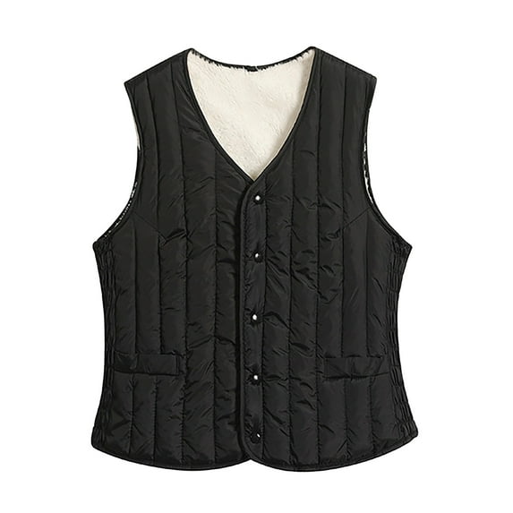 VNKIDY Women's Outerwear Vests Winter Warm Plush Interior Cotton Padded Vest Solid Color Sleeveless Button Down V Neck Waistcoat For Layering Cold Weather Casual Outerwear