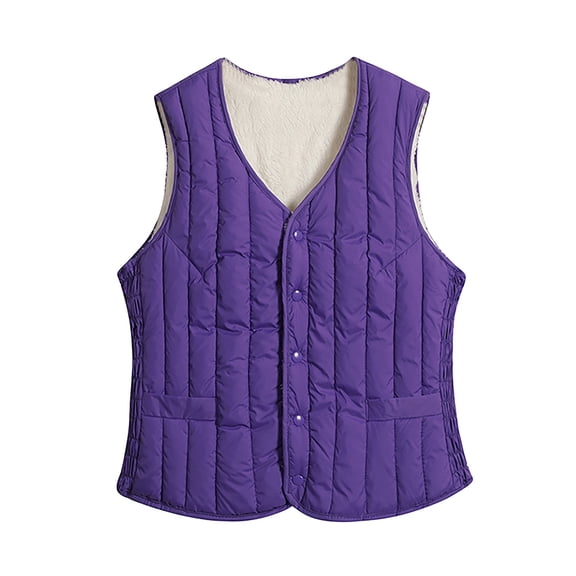 VNKIDY Women's Outerwear Vests Winter Warm Plush Interior Cotton Padded Vest Solid Color Sleeveless Button Down V Neck Waistcoat For Layering Cold Weather Casual Outerwear