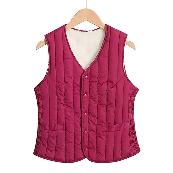 VNKIDY Women's Outerwear Vests Winter Warm Plush Interior Cotton Padded Vest Solid Color Sleeveless Button Down V Neck Waistcoat For Layering Cold Weather Casual Outerwear