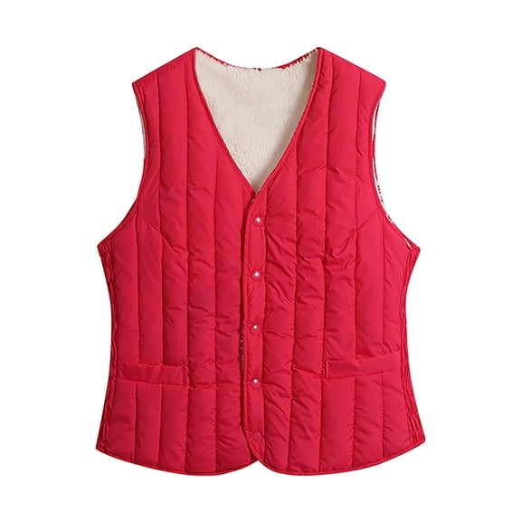 VNKIDY Women's Outerwear Vests Winter Warm Plush Interior Cotton Padded Vest Solid Color Sleeveless Button Down V Neck Waistcoat For Layering Cold Weather Cozy Outerwear