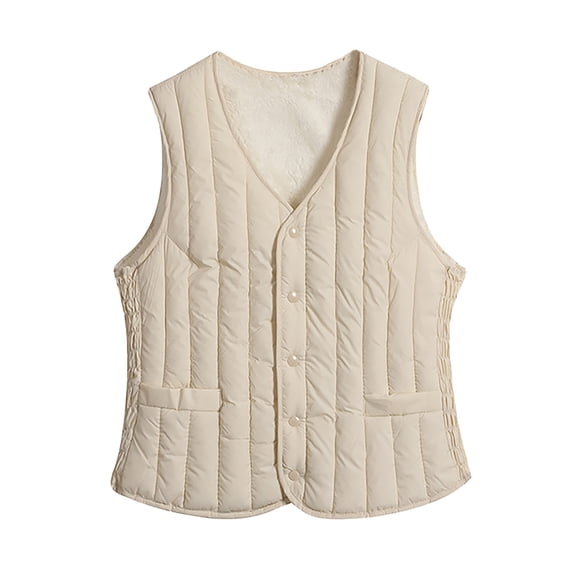VNKIDY Women's Outerwear Vests Winter Warm Plush Interior Cotton Padded Vest Solid Color Sleeveless Button Down V Neck Waistcoat For Layering Cold Weather Cozy Outerwear