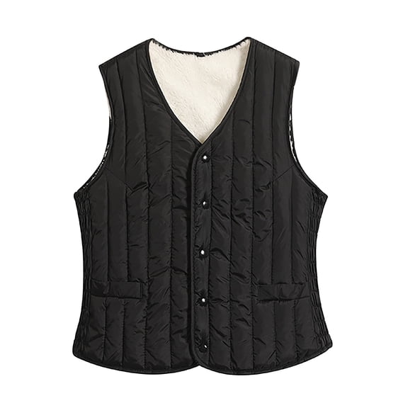 VNKIDY Women's Outerwear Vests Winter Warm Plush Interior Cotton Padded Vest Solid Color Sleeveless Button Down V Neck Waistcoat For Layering Cold Weather Leisure Outerwear