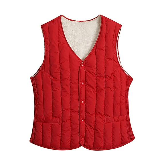 VNKIDY Women's Outerwear Vests Winter Warm Plush Interior Cotton Padded Vest Solid Color Sleeveless Button Down V Neck Waistcoat For Layering Cold Weather Soft Outerwear