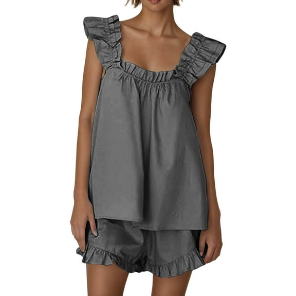 VNKIDY Women's Pajama Sets 2 Piece Outfits Sleeveless Sleepwear Ruffle Crop Tops Casual Shorts Loungewear Homewear Solid Color Holiday Nightwear