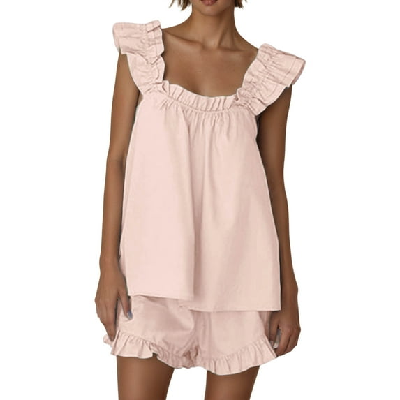 VNKIDY Women's Pajama Sets 2 Piece Outfits Sleeveless Sleepwear Ruffle Crop Tops Casual Shorts Loungewear Homewear Solid Color Stylish Nightwear