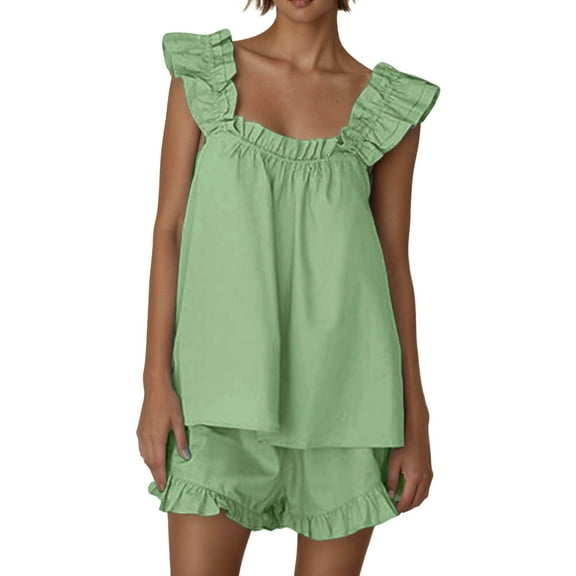 VNKIDY Women's Pajama Sets 2 Piece Outfits Sleeveless Sleepwear Ruffle Crop Tops Casual Shorts Loungewear Homewear Solid Color Trendy Nightwear