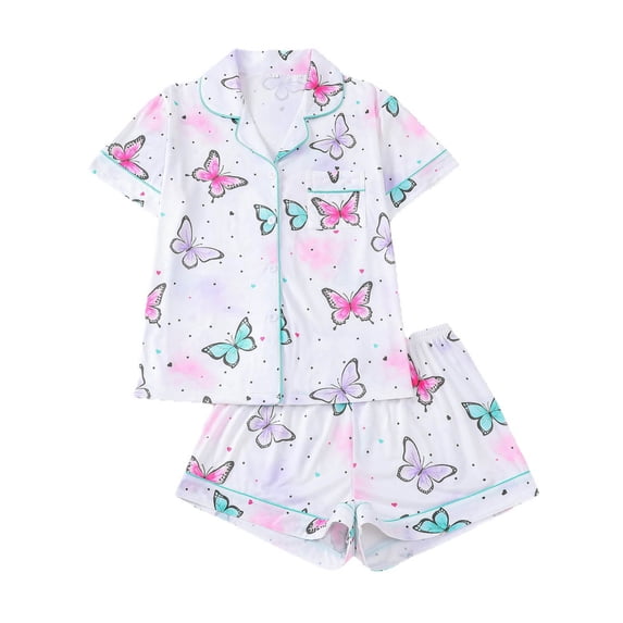 VNKIDY Women's Pajamas Butterfly Print 2 Piece Pajama Set Short Sleeve Button Front Lapel Top Elastic Waisted Shorts Loungewear Set For Home Relaxation Cute Pjs
