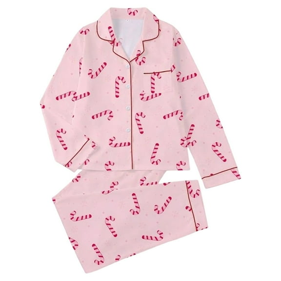 VNKIDY Women's Pajamas Candy Cane Print 2 Piece Pajama Set Long Sleeve Button Front Lapel Top Elastic Waisted Pants Festive Design Loungewear Set For Home Wear Soft Pjs