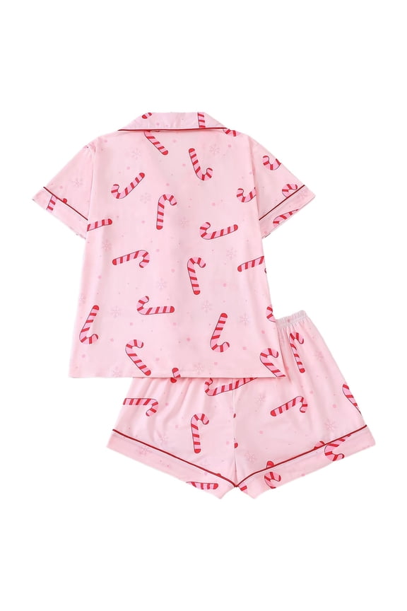 Women's Pajamas Candy Cane Print 2 Piece Pajama Set Short Sleeve Button Front Lapel Top Elastic Waisted Shorts Festive Design Loungewear Set For Home Wear Fashionable Pjs