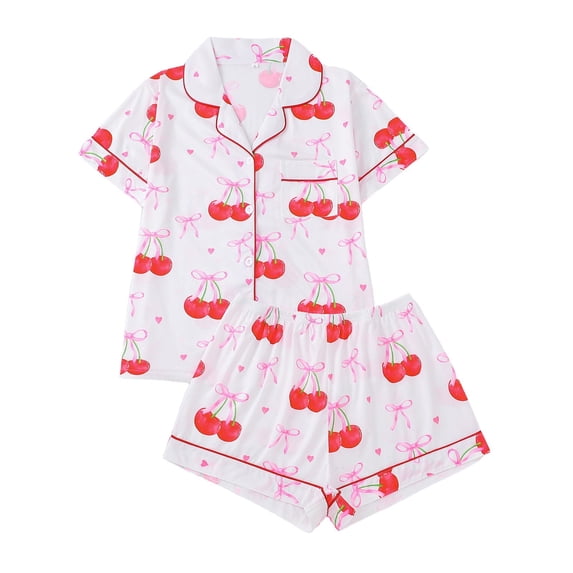 VNKIDY Women's Pajamas Cherry Print 2 Piece Pajama Set Short Sleeve Button Front Lapel Top Elastic Waisted Shorts Loungewear Set For Home Relaxation Classic Pjs