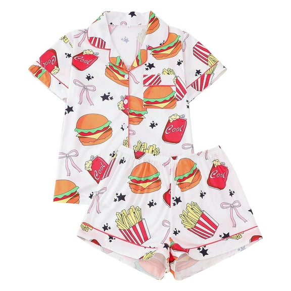 VNKIDY Women's Pajamas Fast Food Print 2 Piece Pajama Set Short Sleeve Lapel Button Front Top Elastic Waisted Shorts Playful Pattern Design Loungewear Set For Home Wear Fashionable Pjs