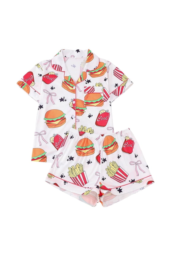 Women's Pajamas Fast Food Print 2 Piece Pajama Set Short Sleeve Lapel Button Front Top Elastic Waisted Shorts Playful Pattern Design Loungewear Set For Home Wear Adorable Pjs