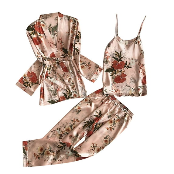 VNKIDY Women's Pajamas Floral Print 3 Piece Pajama Set Long Sleeve Robe Spaghetti Strap Top Elastic Waisted Pants Satin Fabric Loungewear Set For Home Wear Fashionable Pjs