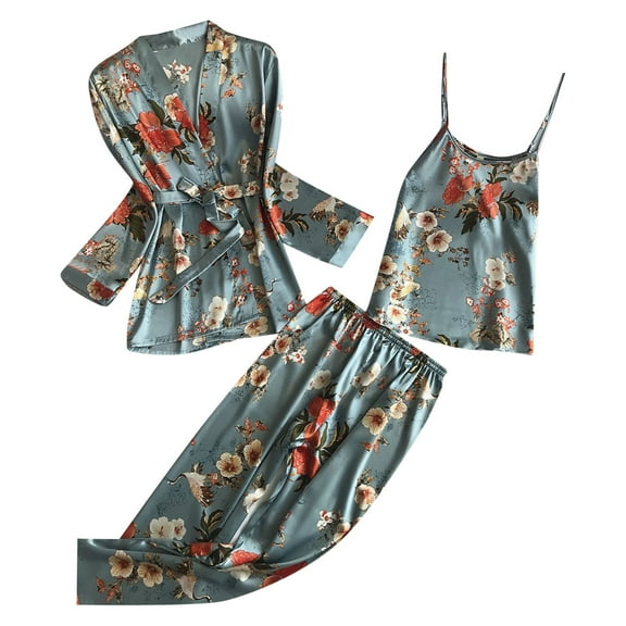 VNKIDY Women's Pajamas Floral Print 3 Piece Pajama Set Long Sleeve Robe Spaghetti Strap Top Elastic Waisted Pants Satin Fabric Loungewear Set For Home Wear Cute Pjs