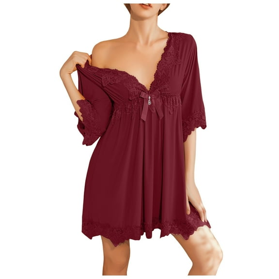 VNKIDY Women's Pajamas Lace Trim Nightdress 2 Piece Pajama Set Half Sleeve V Neck Top Elastic Waisted Shorts Elegant Loungewear Set For Home Wear Classic Pjs