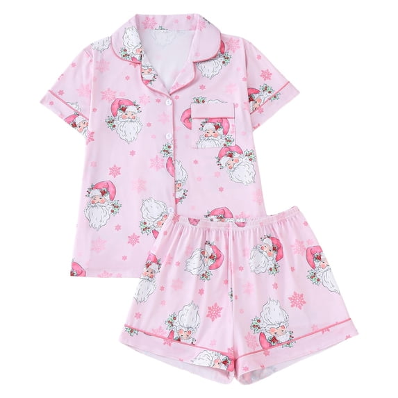 VNKIDY Women's Pajamas Santa Claus Print 2 Piece Pajama Set Short Sleeve Button Front Lapel Top Elastic Waisted Shorts Loungewear Set For Home Wear Adorable Pjs