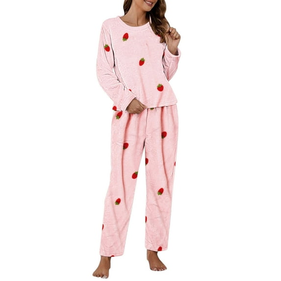 VNKIDY Women's Pajamas Strawberry Print 2 Piece Pajama Set Crewneck Long Sleeve Solid Top Elastic Waisted Pants Cute Design Loungewear Set For Home Wear Classic Pjs