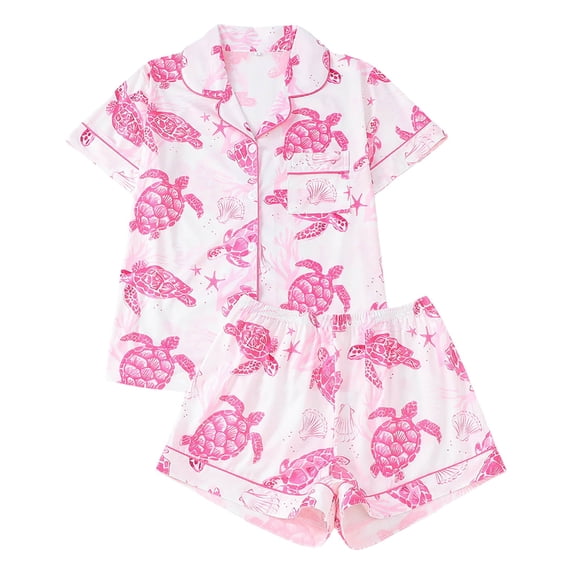 VNKIDY Women's Pajamas Turtle Print 2 Piece Pajama Set Short Sleeve Button Front Lapel Top Elastic Waisted Shorts Loungewear Set For Home Relaxation Leisure Pjs