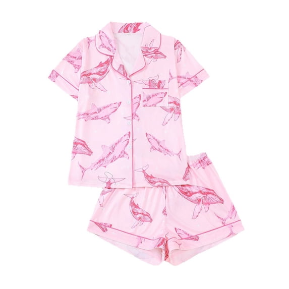 VNKIDY Women's Pajamas Whale Print 2 Piece Pajama Set Short Sleeve Button Front Lapel Top Elastic Waisted Shorts Loungewear Set For Home Relaxation Soft Pjs