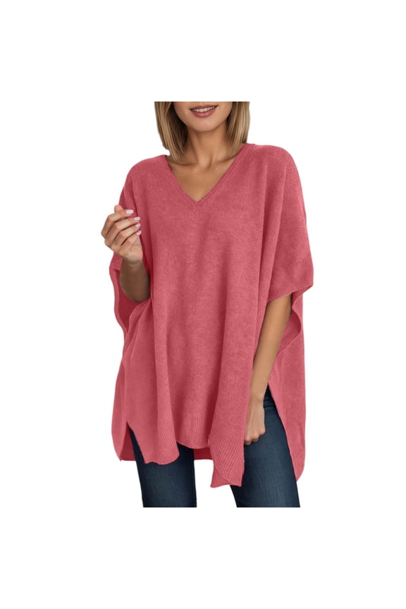 Women's Pullover Sweater Autumn Winter Stylish Solid Color Batwing Long Sleeve Knit Tunic V Neck Loose Fit Jumper With Side Slits For Daily Casual Outings Soft Knitwear