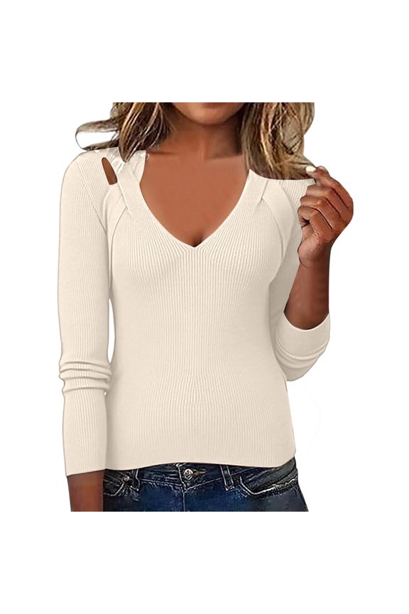 Women's Pullover Sweater Autumn Winter Stylish Solid Color Ribbed Knit Hollow Out V Neck Sweater Slim Fit Long Sleeve Jumper For Outdoor Casual Daily Wear Casual Knitwear