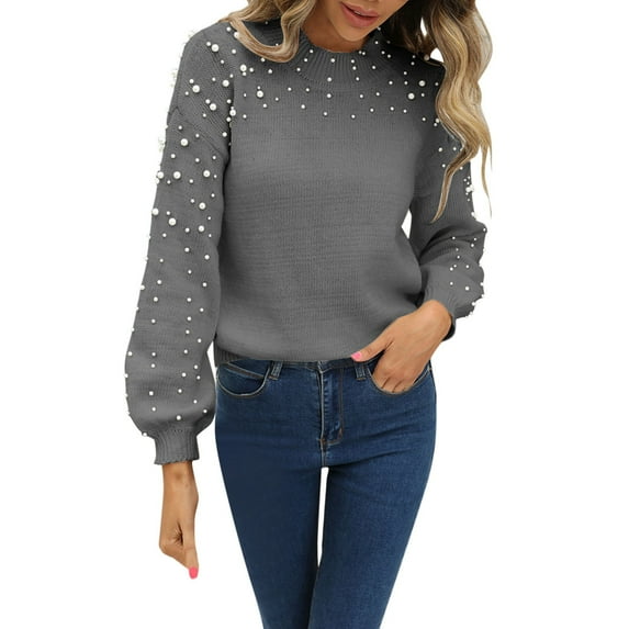 VNKIDY Women's Pullover Sweater Fall Winter Stylish Knit Sweater With Pearl Embellishments Crewneck Long Sleeve Loose Fit Jumper For Cold Weather Outdoor Wear Soft Knitwear