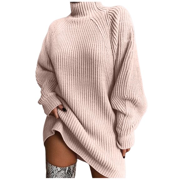 VNKIDY Women's Pullover Sweater Fall Winter Stylish Solid Color Ribbed Knit Tunic Turtleneck Puff Long Sleeve Loose Fit Jumper With Asymmetric Hem For Cold Weather Warm Knitwear