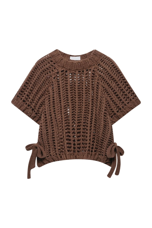 Women's Pullover Sweater Spring Stylish Solid Color Hollow Out Knit Sweater With Side Tie Details Short Sleeve Loose Fit Jumper For Casual Outings Leisure Knitwear