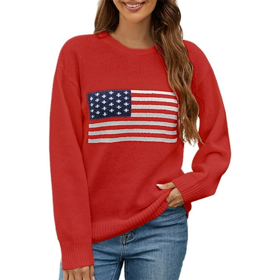 VNKIDY Women's Pullover Sweater Stylish Red Sweater With Flag Pattern Crewneck Long Sleeve Loose Fit Jumper For National Holidays Casual Outings Relaxed Fit Knitwear
