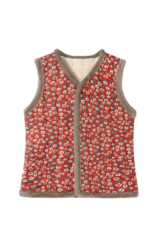 Women's Quilted Vest Thermal Floral Pattern Plush Lined Coat Winter Sleeveless V Neck Button Front Relaxed Fit Gilet For Casual Daily Wear Leisure Top