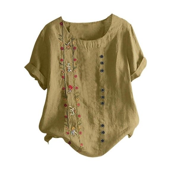 VNKIDY Women's Short Sleeve Floral Embroidery Blouse Crewneck Button Decor Loose Fit Linen T Shirts For Casual Daily Wear Cozy Tops