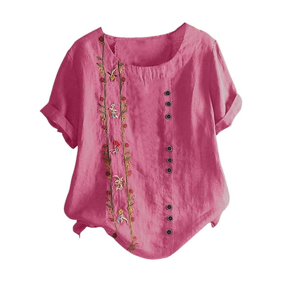 VNKIDY Women's Short Sleeve Floral Embroidery Blouse Crewneck Button Decor Loose Fit Linen T Shirts For Casual Daily Wear Cozy Tops