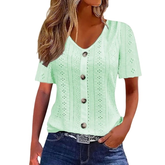 VNKIDY Women's Solid Color Button Front T Shirts Short Sleeve Crewneck Hollow Out Embroidery Loose Fit Blouse For Office Casual Daily Street Wear Leisure Tops