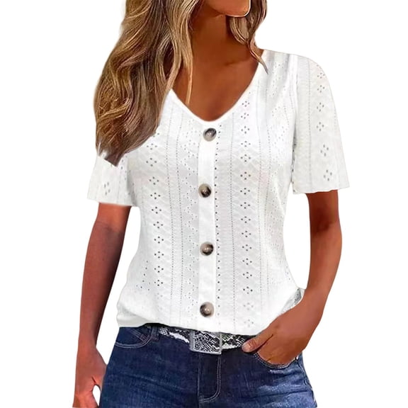 VNKIDY Women's Solid Color Button Front T Shirts Short Sleeve Crewneck Hollow Out Embroidery Loose Fit Blouse For Office Casual Daily Street Wear Soft Tops