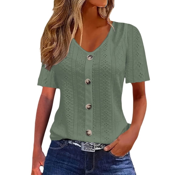 VNKIDY Women's Solid Color Button Front T Shirts Short Sleeve Crewneck Hollow Out Embroidery Loose Fit Blouse For Office Casual Daily Street Wear Trendy Tops