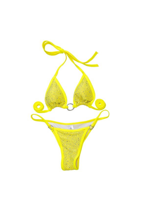 Women's Solid Color Diamond Decor Bikini Set Halter Sleeveless Triangle Lace Up 2 Piece Swimsuit For Beach Water Activities Stylish Swimwear
