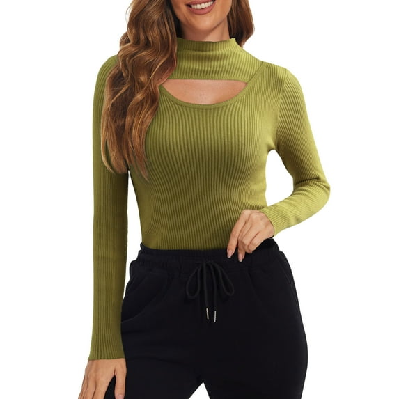 VNKIDY Women's Solid Color Long Sleeve Turtleneck T Shirts Hollow Out Decor Ribbed Slim Fit Pullover For Casual Daily Office Street Wear Soft Tops