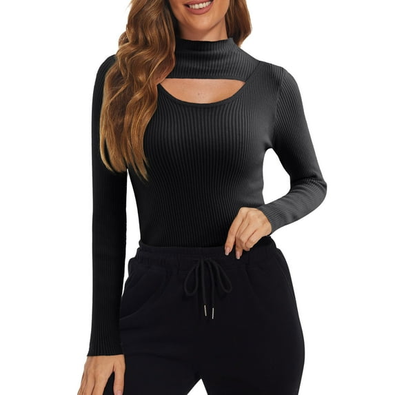 VNKIDY Women's Solid Color Long Sleeve Turtleneck T Shirts Hollow Out Decor Ribbed Slim Fit Pullover For Casual Daily Office Street Wear Trendy Tops