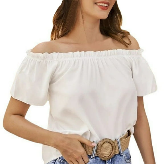VNKIDY Women's Solid Color Off Shoulder T Shirt Short Sleeve Ruffled Hem Relaxed Fit Tees For Casual Daily Outdoor Wear Versatile Tops