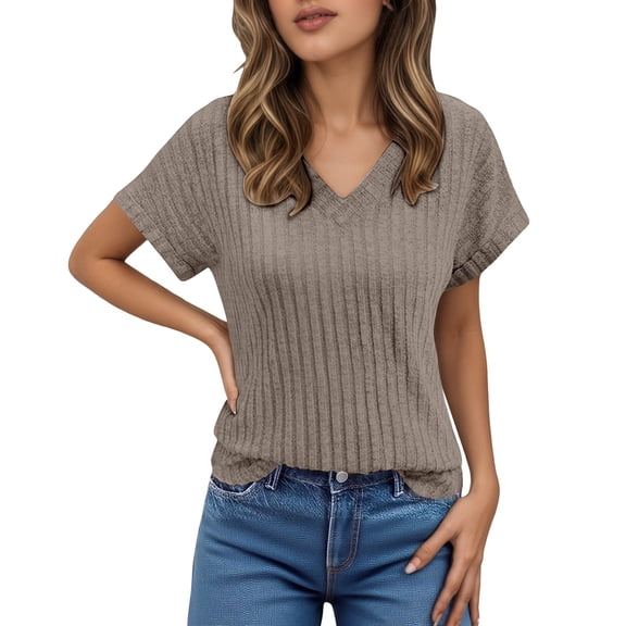 VNKIDY Women's Solid Color Relaxed Fit T Shirts Spring Summer Lightweight Short Sleeve V Neck Pullover For Casual Daily Wear Cozy Tops