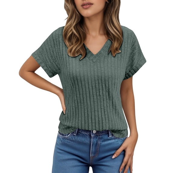 VNKIDY Women's Solid Color Relaxed Fit T Shirts Spring Summer Lightweight Short Sleeve V Neck Pullover For Casual Daily Wear Cozy Tops