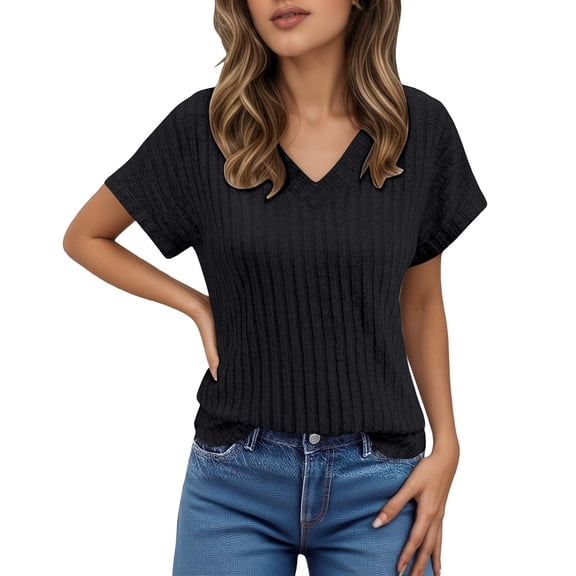 VNKIDY Women's Solid Color Relaxed Fit T Shirts Spring Summer Lightweight Short Sleeve V Neck Pullover For Casual Daily Wear Stylish Tops