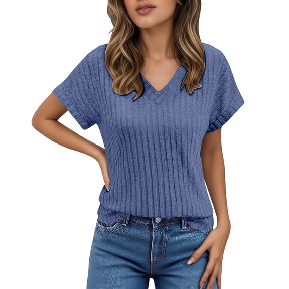 VNKIDY Women's Solid Color Relaxed Fit T Shirts Spring Summer Lightweight Short Sleeve V Neck Pullover For Casual Daily Wear Stylish Tops