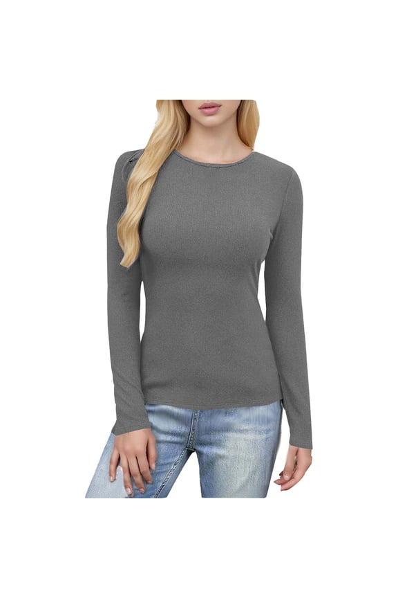 Women's Solid Color Ribbed Knit T Shirt Long Sleeve Crewneck Soft Stretchy Slim Fit Basic Top For Everyday Wear Soft Tops