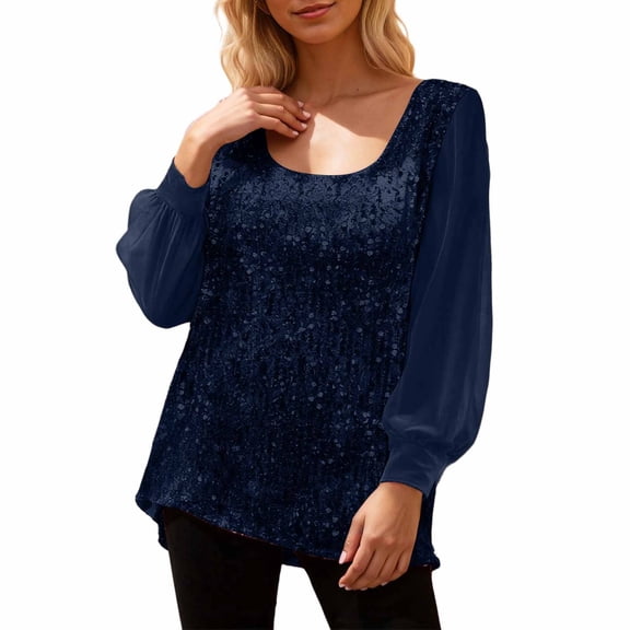 VNKIDY Women's Solid Color Sequin Blouse Square Neck Puff Long Sleeve Loose Fit T Shirts For Party Casual Evening Wear Stylish Tops