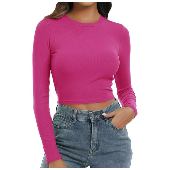VNKIDY Women's Solid Color Slim Fit Cropped T Shirts Long Sleeve Crewneck Stretchy Pullover For Casual Daily Wear Fashionable Tops