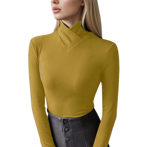 VNKIDY Women's Solid Color Turtleneck Long Sleeve T Shirts Ribbed Cross Wrap Neck Slim Fit Pullover For Office Casual Daily Wear Fashionable Tops