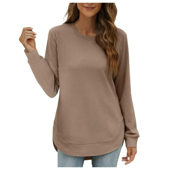 VNKIDY Women's Sweatshirt Autumn Solid Color Curved Hem Crewneck Sweatshirt Long Sleeve Loose Fit Pullover With Side Pockets For Daily Wear Trendy Tops